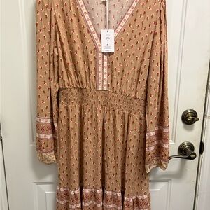 Lucky Brand Tan and Red Floral Long Sleeve Dress